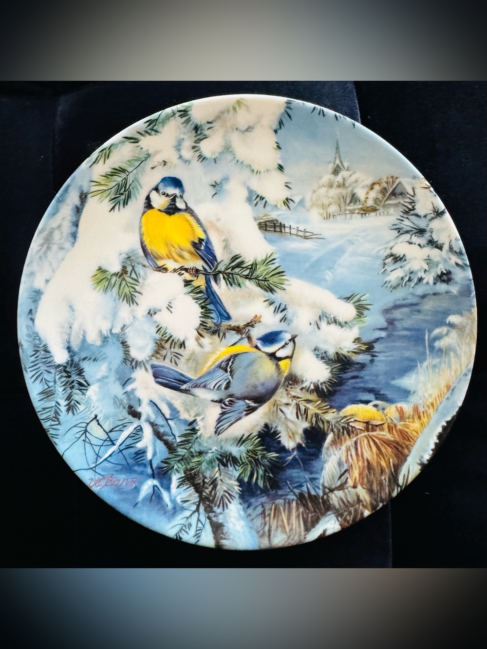1992 vintage Urusula Brand birds in winter collector plate procelain snow tree